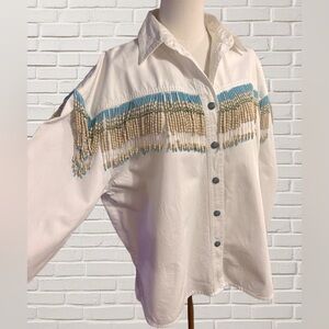 Vintage Cedars Western Shirt L – White Beaded Fringe Boho Cowboy Rodeo Top